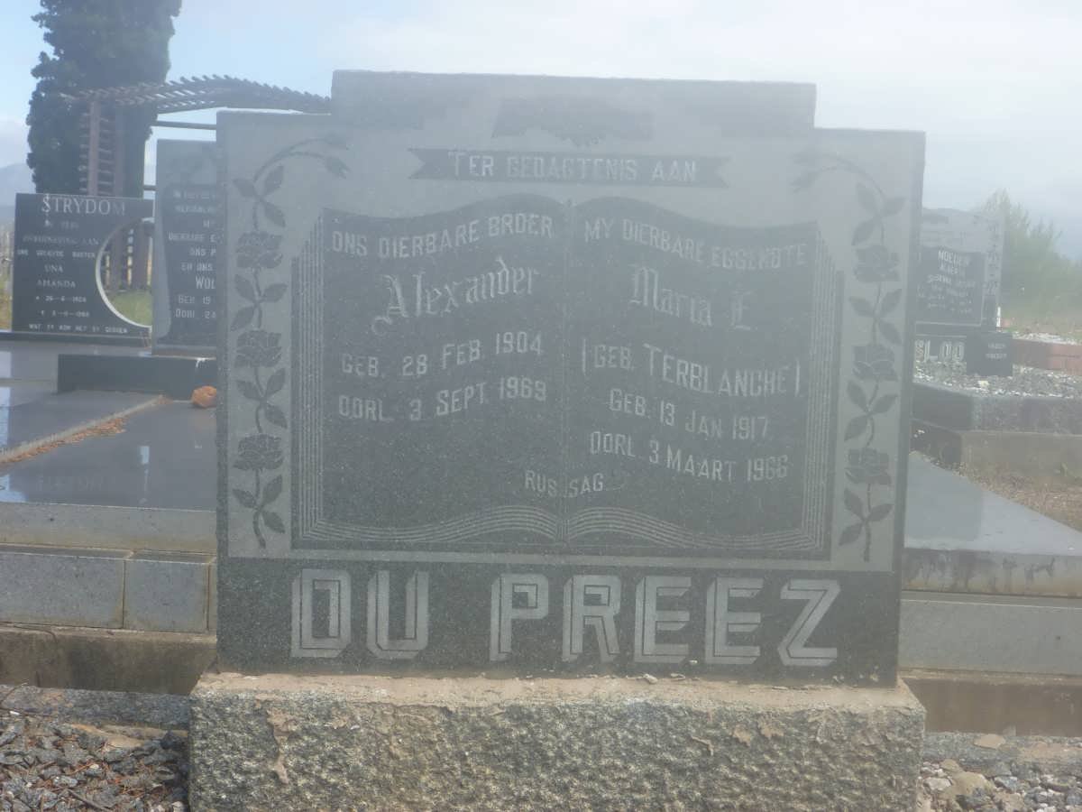 PREEZ Alexander, du 1904-1969 &amp; Maria ? TERBLANCHE 1917-1966