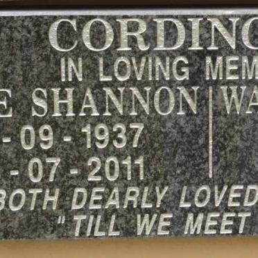 CORDINGLEY Walter Douglas 1934-2016 &amp; Denise Shannon 1937-2011