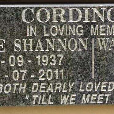 CORDINGLEY Walter Douglas 1934-2016 &amp; Denise Shannon 1937-2011