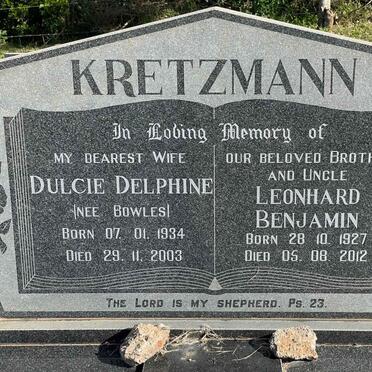 KRETZMANN Leonhard Benjamin 1927-2012 &amp; Dulcie Delphine nee BOWLES 1934-2003