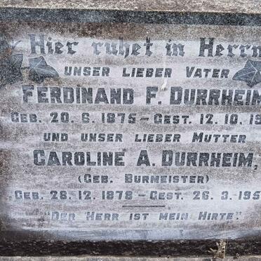 DURRHEIM Ferdinand F. 1875-1951 &amp; Caroline A. BURMEISTER 1878-1952
