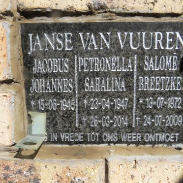VUUREN Jacobus Johannes, Janse van 1945- &amp; Petronella Saralina 1947-2014 :: BREETZKE Salomé nee JANSE VAN VUUREN 1972-2009