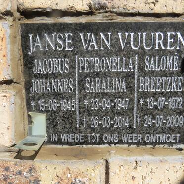 VUUREN Jacobus Johannes, Janse van 1945- &amp; Petronella Saralina 1947-2014 :: BREETZKE Salomé nee JANSE VAN VUUREN 1972-2009