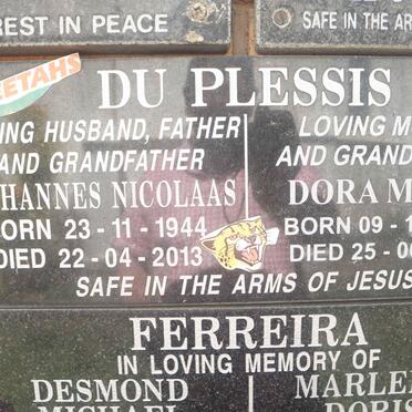 PLESSIS Johannes Nicolaas, du 1944-2013 &amp; Dora Mabel 1948-2019