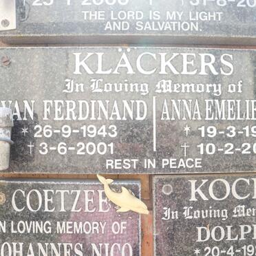 KLÄCKERS Ivan Ferdinand 1943-2001 &amp; Anna Emelie Rosie 1920-2009