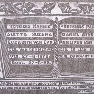 EYK Daniel Hendrik Phillipus, van 1870-1945 &amp; Aletta Suzara Elizabeth VAN DER MERWE 1878-1958