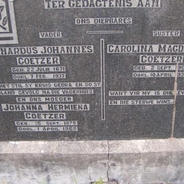 COETZER Gerhardus Johannes 1871-1937 &amp; Johanna Hermiena 1875-1960 :: COETZER Carolina Magdalena 1905-1931