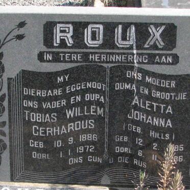 ROUX Tobias Willem Gerhardus 1886-1972 &amp; Aletta Johanna HILLS 18?5-19?6