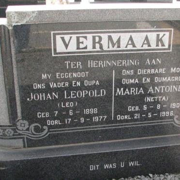 VERMAAK Johan Leopold 1898-1977 &amp; Maria Antoinetta 1909-1996