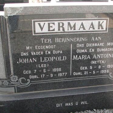 VERMAAK Johan Leopold 1898-1977 &amp; Maria Antoinetta 1909-1996