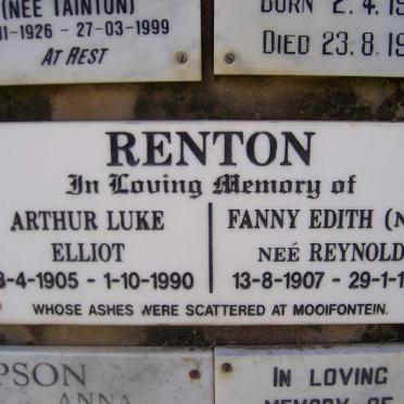 RENTON Arthur Luke Elliot 1905-1990 &amp; Fanny Edith REYNOLDS 1907-1998