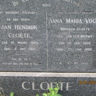 CLOETE Jan Hendrik 1905-1951 &amp; Anna Maria VOGES nee VAN DER MERWE 1908-1980
