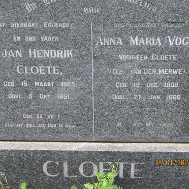 CLOETE Jan Hendrik 1905-1951 &amp; Anna Maria VOGES nee VAN DER MERWE 1908-1980