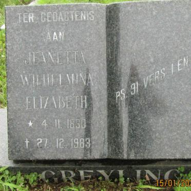 GREYLING Jeanetta Wilhelmina Elizabeth 1890-1983