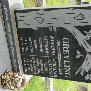 GREYLING Abraham Johannes 1934-2012 &amp; Johanna 1947-1975