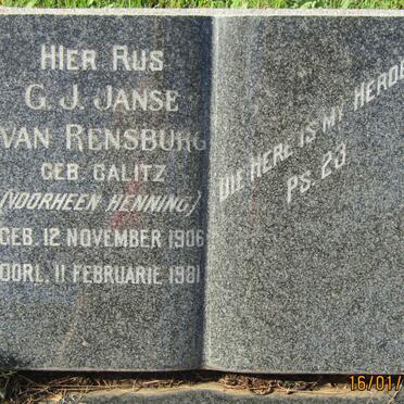 RENSBURG G. J., Janse van voorheen HENNING nee CALITZ 1906-1981