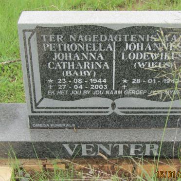 VENTER Johannes Lodewikus 1942- &amp; Petronella Johanna Catharina 1944-2003