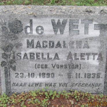 WET Magdalena Isabella Aletta, de nee VORSTER 1890-1936