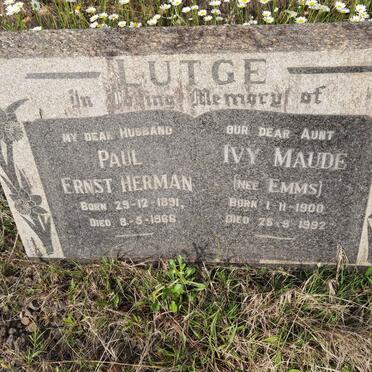 LUTGE Paul Ernst Herman 1891-1866 &amp; Ivy Maude EMMS 1900-1992