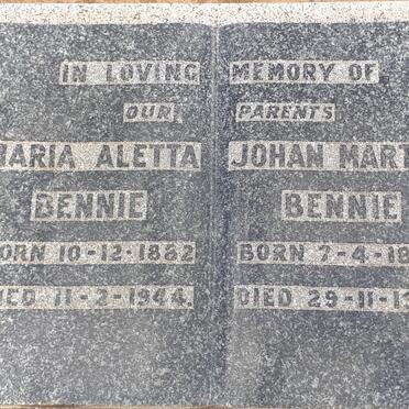 BENNIE Johan Martin 1873-1943 &amp; Maria Aletta 1882-1944