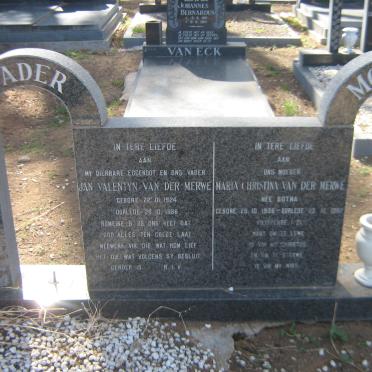 MERWE Jan Valentyn, van der 1924-1986 &amp; Maria Christina BOTMA 1936-1987