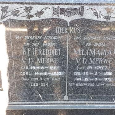 MERWE B.F., van der 1884-1952 &amp; M.L. DU PREEZ 1890-1979