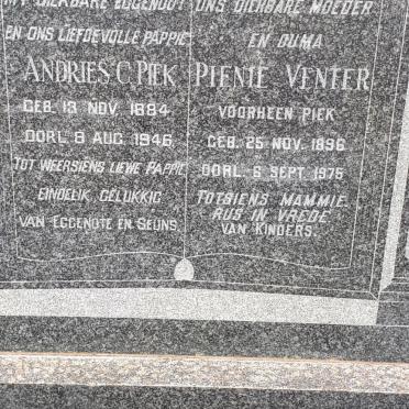 PIEK Andries C. 1884-1946 &amp; Pienie VENTER formerly PIEK 1896-1975