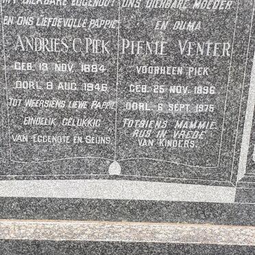 PIEK Andries C. 1884-1946 &amp; Pienie VENTER formerly PIEK 1896-1975