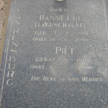 RENSBURG Piet, van 1910-2000 &amp; Hannetjie LABUSCHAGNE 1914-1996