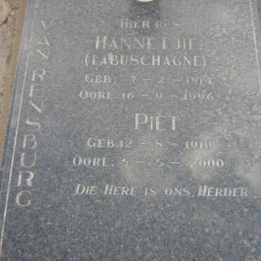 RENSBURG Piet, van 1910-2000 &amp; Hannetjie LABUSCHAGNE 1914-1996