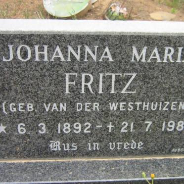 FRITZ Johanna Maria nee VAN DER WESTHUIZEN 1892-1983