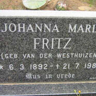 FRITZ Johanna Maria nee VAN DER WESTHUIZEN 1892-1983