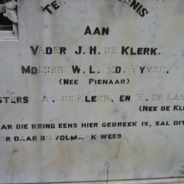 KLERK J.H., de &amp; W.L. V.D. VYVER nee PIENAAR :: DE KLERK A. :: E. DE LANGE E nee DE KLERK