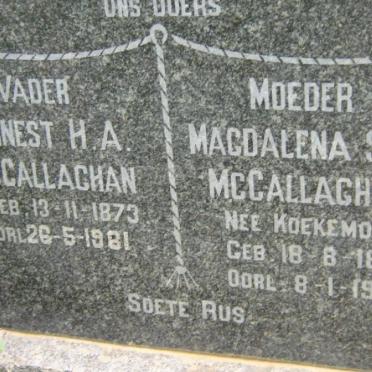 McCALLAGHAN Ernest H.A. 1873-1981 &amp; Magdalena S.M. KOEKEMOER 1879-1961