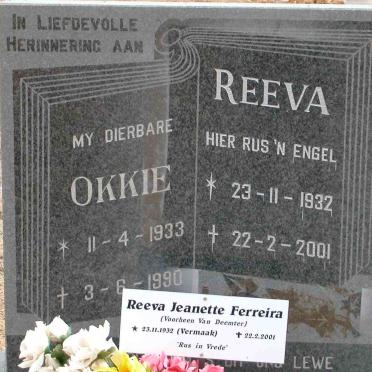 REEVA Okkie 1933-1990 &amp; Jeanette Ferreira VERMAAK voorheen VAN DEEMTER 1932-2001