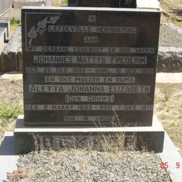BEKKER Johannes Mattys Frederik 1893-1969 &amp; Aletta Johanna Elizabeth GOUWS 1889-1971