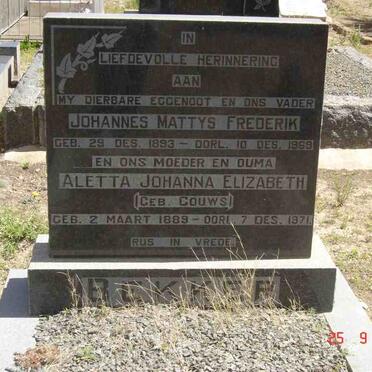 BEKKER Johannes Mattys Frederik 1893-1969 &amp; Aletta Johanna Elizabeth GOUWS 1889-1971