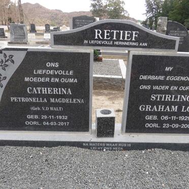 RETIEF Stirling Graham Low 1929-2009 &amp; Catharina Petronella Magdalena V.D. WALT 1932-2017
