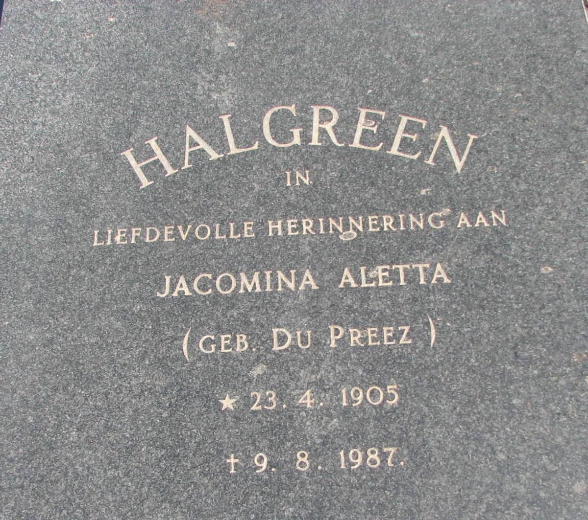 HALGREEN Jacomina Aletta nee DU PREEZ 1905-1987