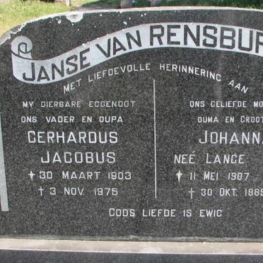RENSBURG Gerhardus Jacobus, Janse van 1903-1975 &amp; Johanna LANGE 1907-1989