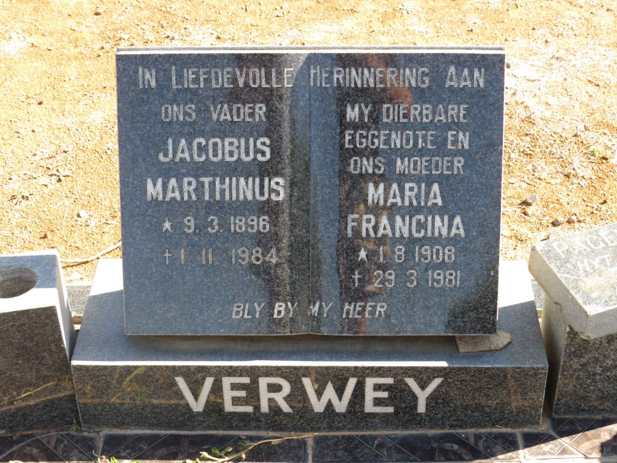 VERWEY Jacobus Marthinus 1896-1984 &amp; Maria Francina 1908-1981