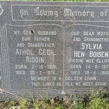 RIDDIN Athol Cecil 1918-1974 &amp; HEN-BOISEN Sylvia formerly RIDDIN nee ELLIOTT 1925-1985