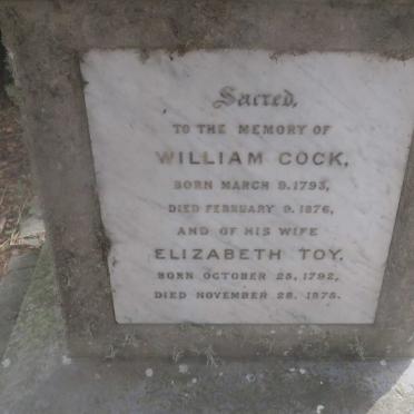COCK William 1793-1876 &amp; Elizabeth Toy 1792-1875
