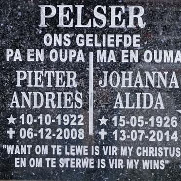 PELSER Pieter Andries 1922-2008 &amp; Johanna Alida 1926-2014