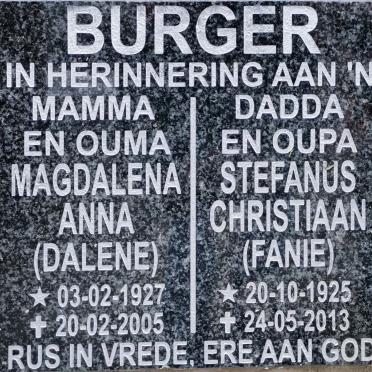BURGER Stefanus Christiaan 1925-2013 &amp; Magdalena Anna 1927-2005