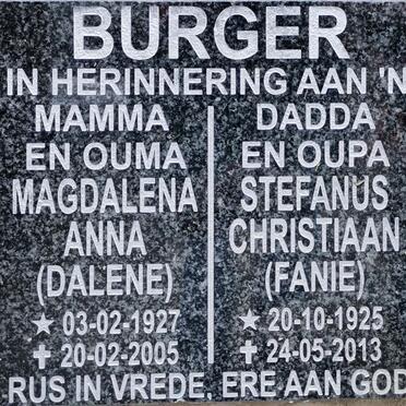 BURGER Stefanus Christiaan 1925-2013 &amp; Magdalena Anna 1927-2005