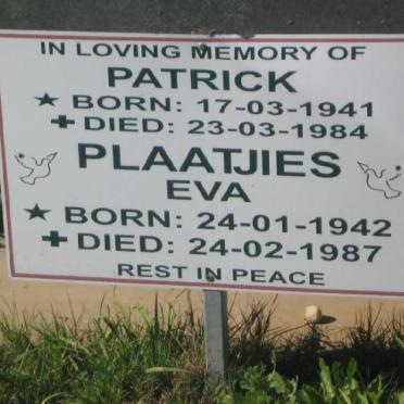PLAATJIES Patrick 1941-1984 &amp; Eva 1942-1987