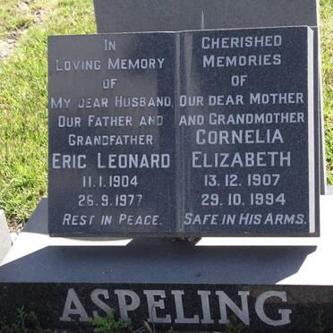 ASPELING Eric Leonard 1904-1977 &amp; Cornelia Elizabeth 1907-1994