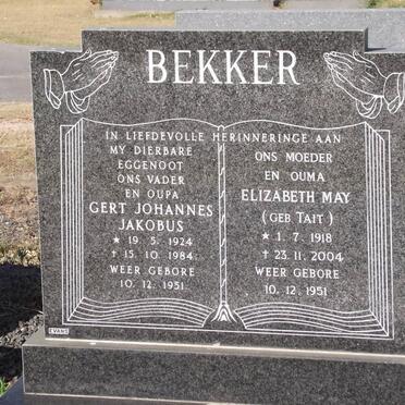 BEKKER Gert Johannes Jakobus 1924-1984 &amp; Elizabeth May TAIT 1918-2004