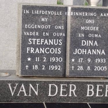 BERG Stefanus Francois, van der 1930-1992 &amp; Dina Johanna 1933-2005